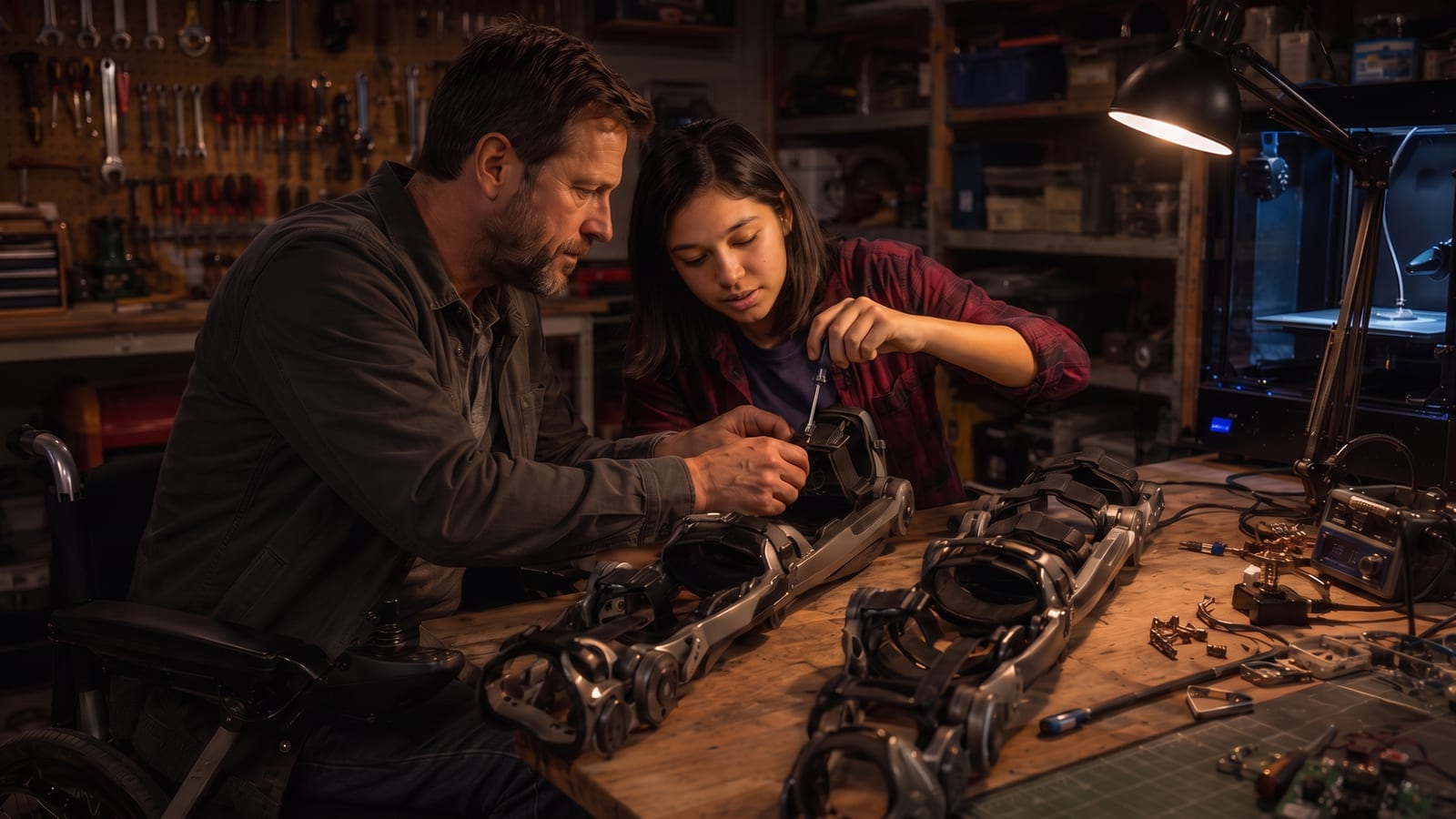The garage — father and daughter at the bench