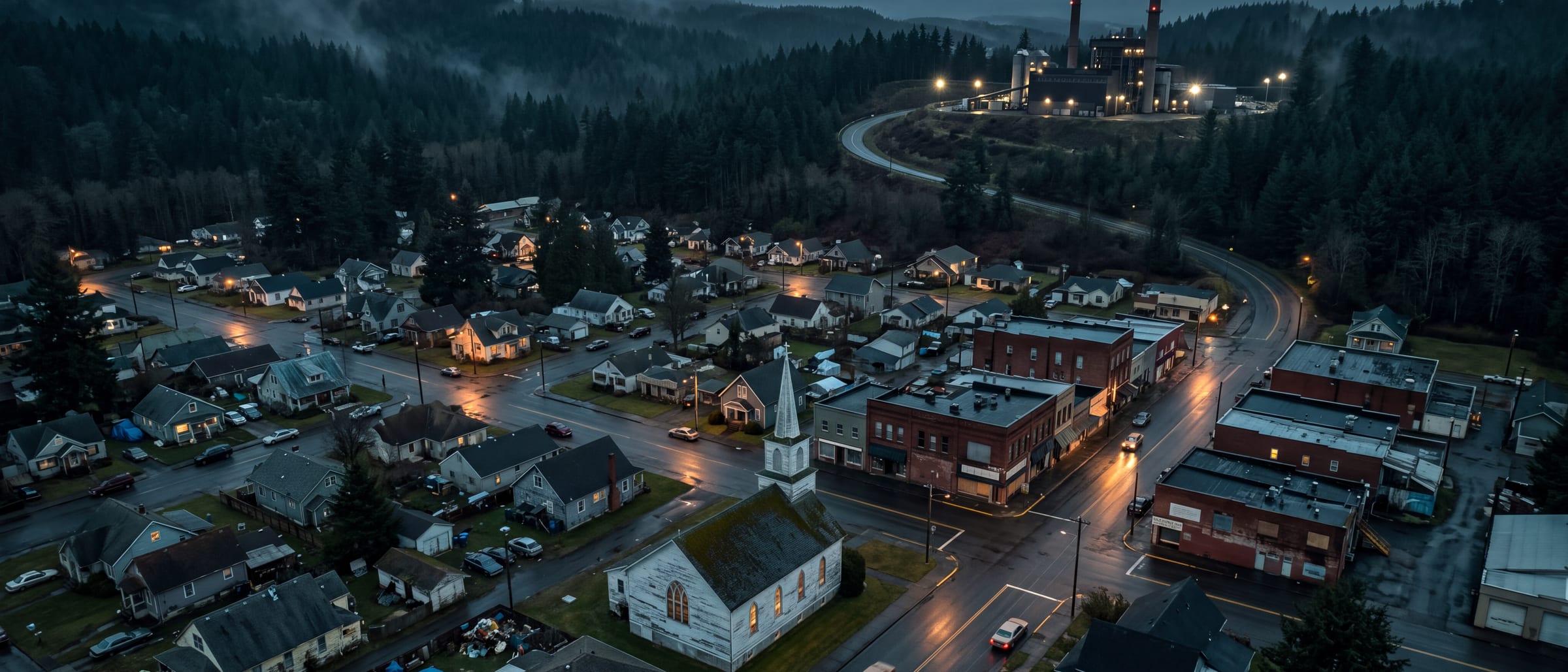 Eldridge at dusk — the smelter above the town it built